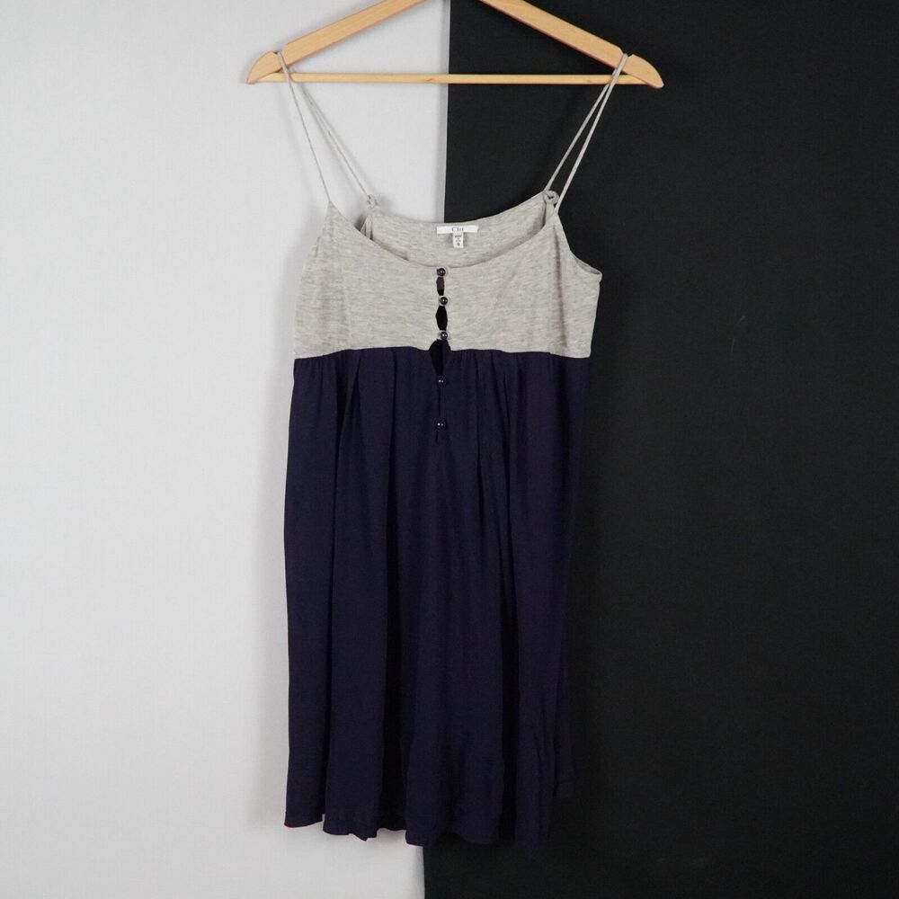 Clu women's Navy Gray size S Summer Rayon Dress spaghetti straps button detail